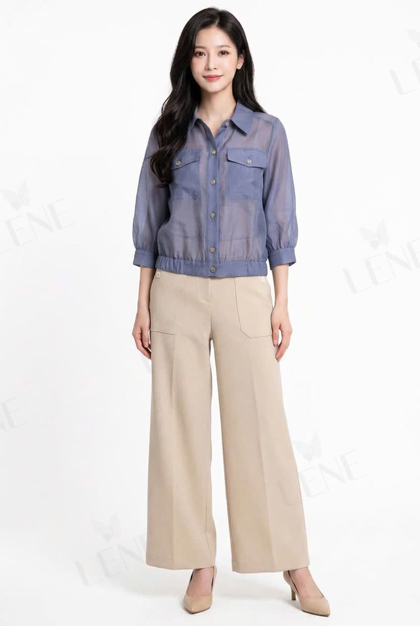 Set bộ áo sơ mi organza và quần tây ống suông
