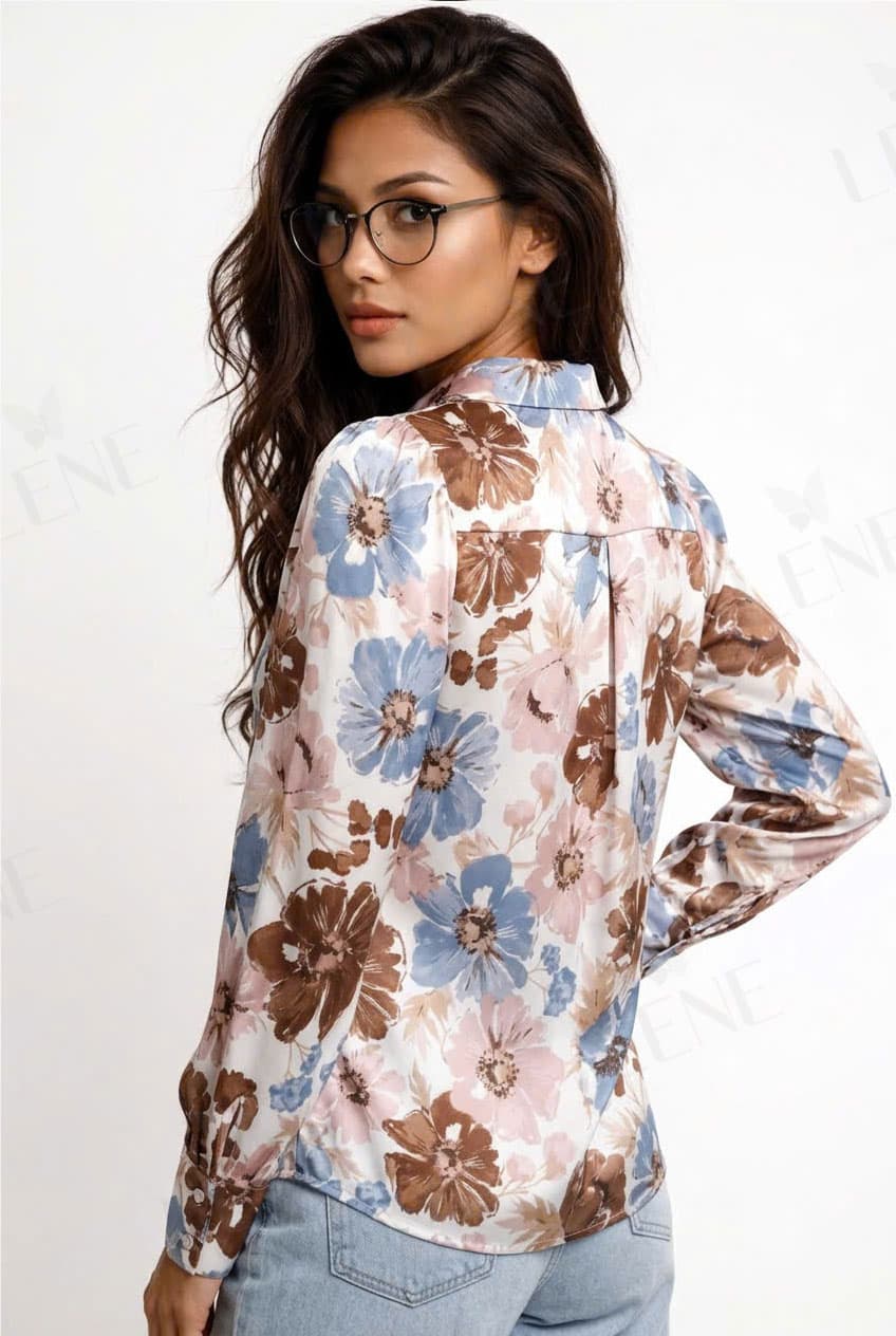 Áo sơ mi lụa satin họa tiết hoa lớn - View 2