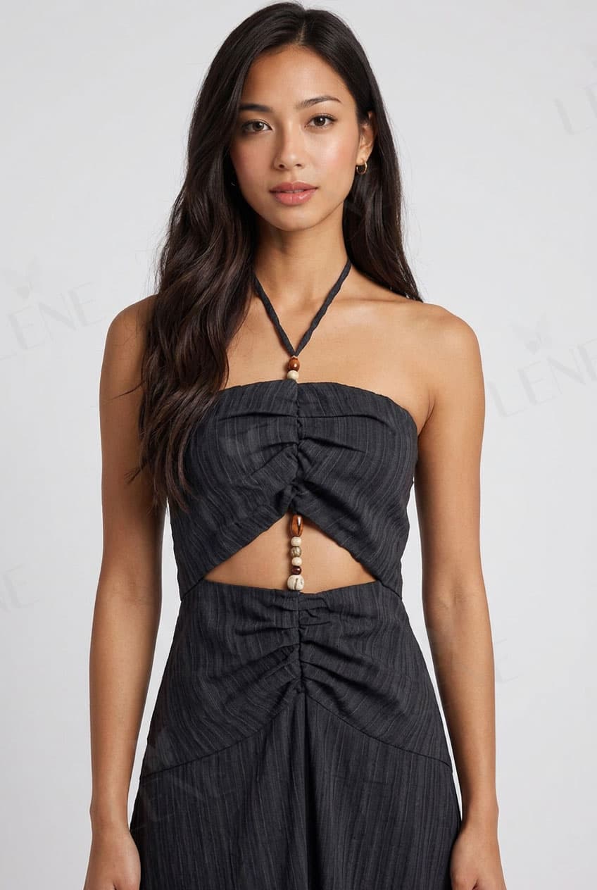 Đầm maxi cổ yếm cutout phối hạt gỗ