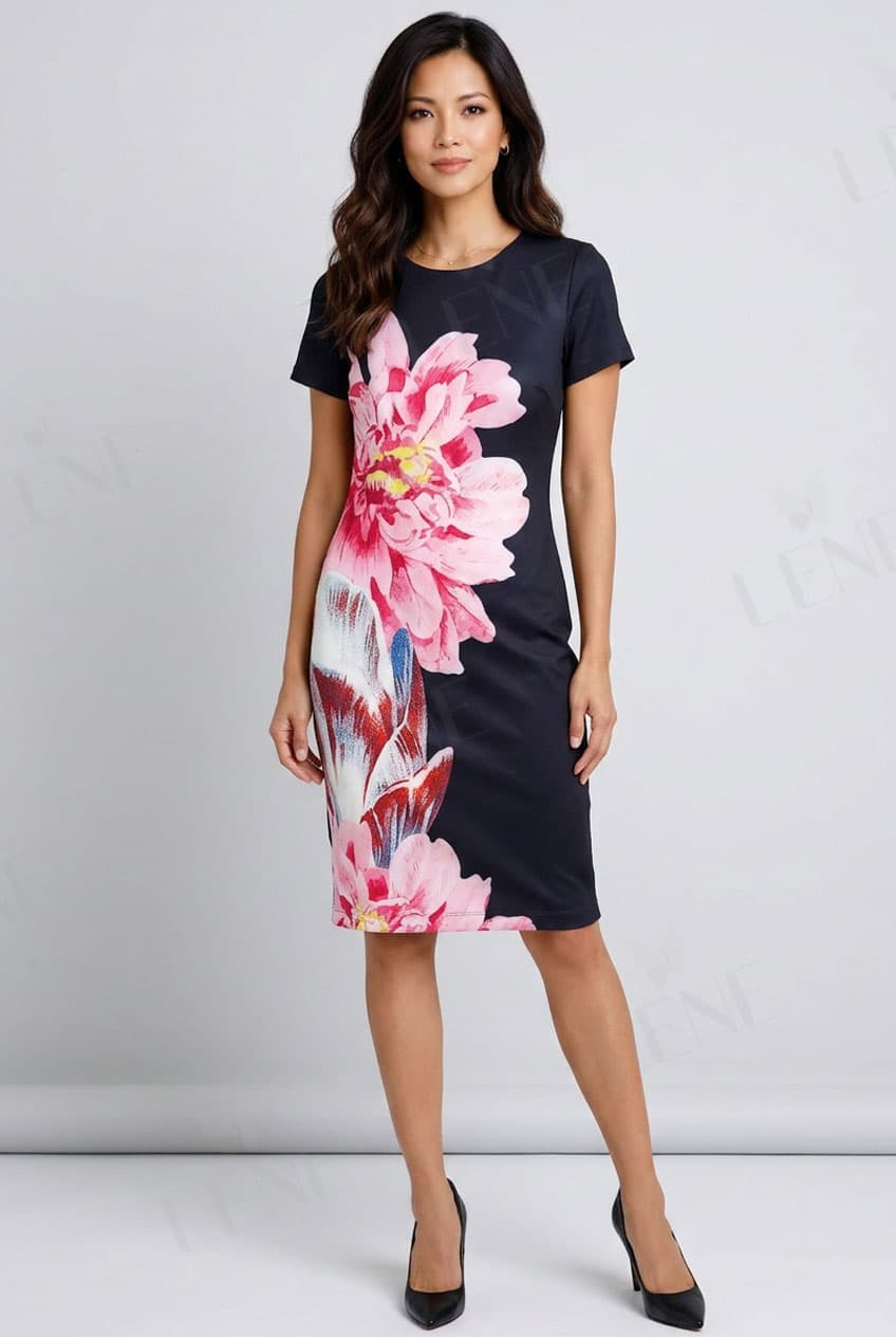 Đầm bodycon công sở tay ngắn in hoa nổi bật