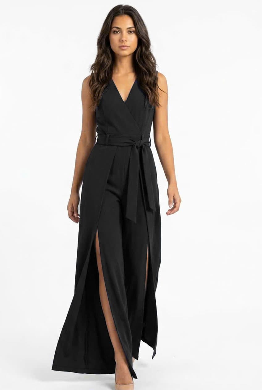 Jumpsuit cổ V đắp chéo xẻ tà tầng