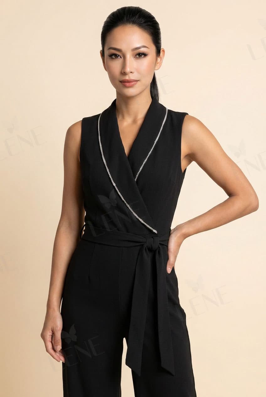 Jumpsuit cổ đức sát nách viền đá lấp lánh - View 3