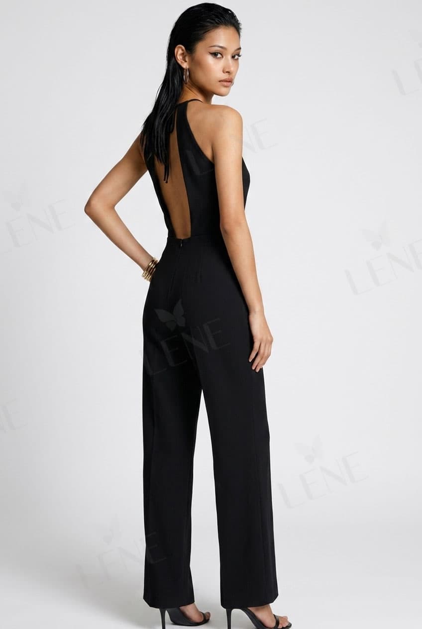 Jumpsuit cổ yếm hở lưng dáng suông thời thượng