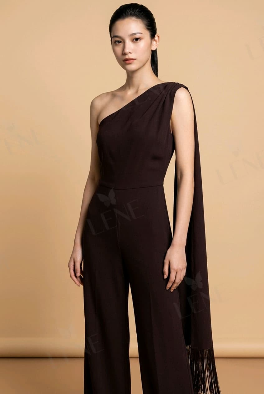 Jumpsuit lệch vai phối khăn choàng tua rua - View 2