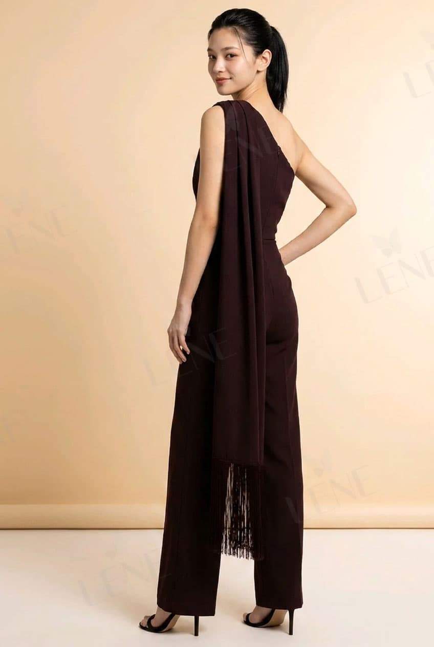 Jumpsuit lệch vai phối khăn choàng tua rua - View 3