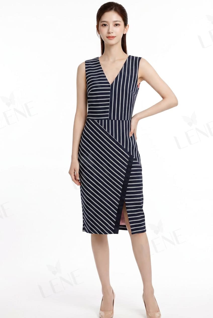 Đầm bodycon sát nách cổ V họa tiết kẻ sọc - View 2