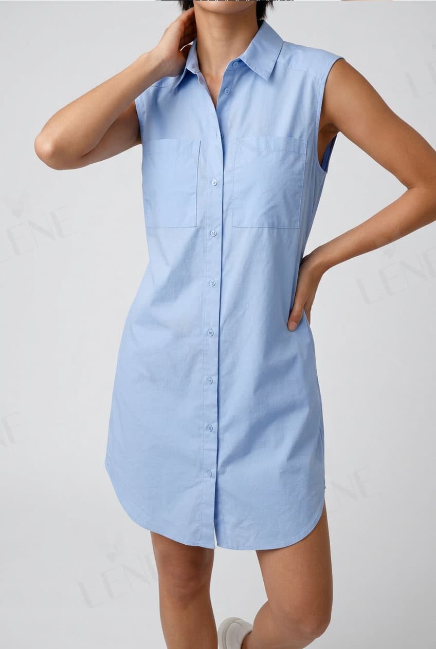 Đầm sơ mi sát nách túi hộp màu xanh pastel