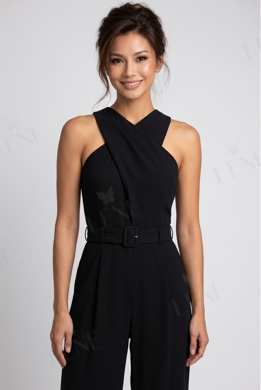 Jumpsuit cổ yếm đắp chéo thắt đai eo