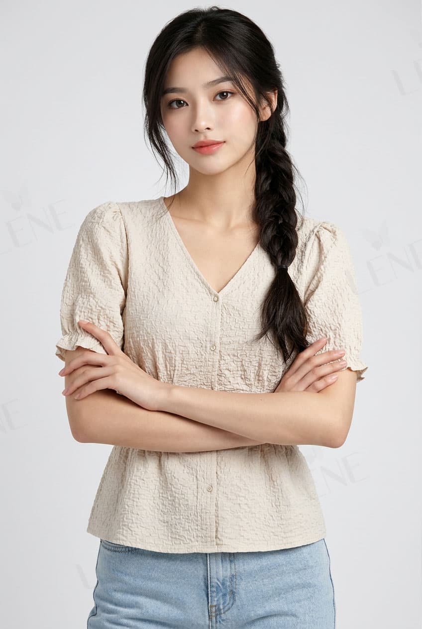 Áo kiểu cổ V nhún chun tay phồng dáng ngắn
