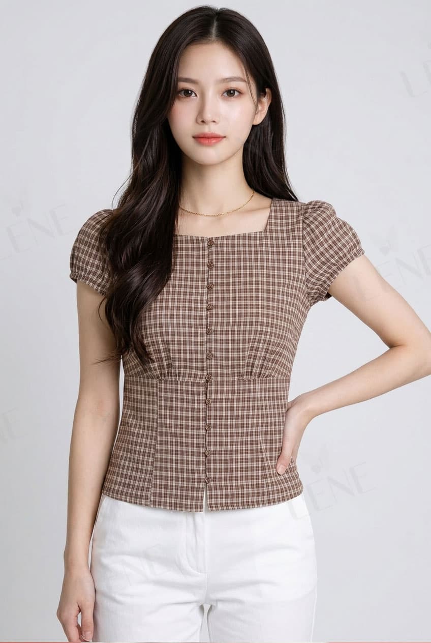Áo kiểu cổ vuông tay phồng họa tiết kẻ ô