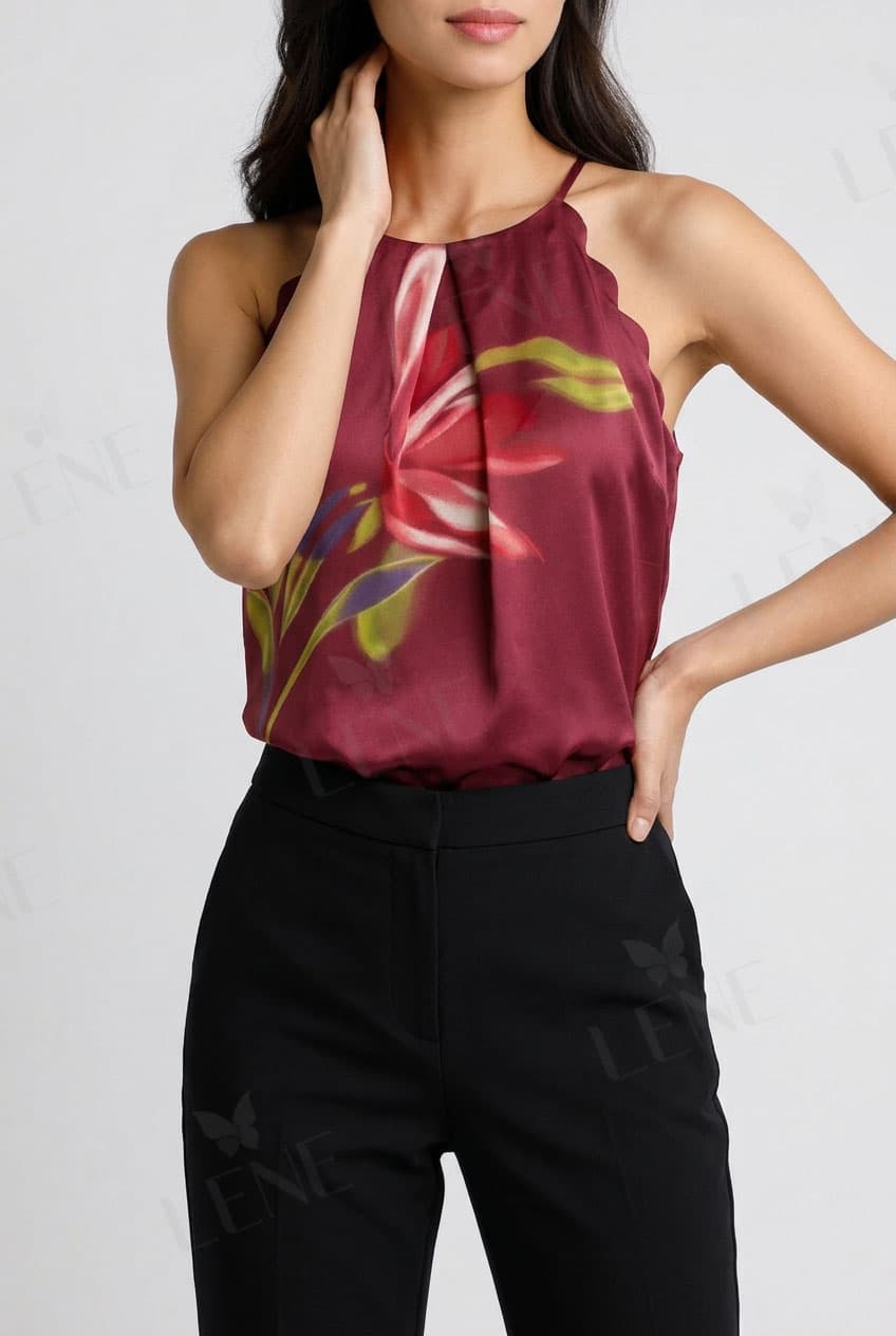 Áo kiểu hai dây cổ yếm xếp ly lụa satin in hoa